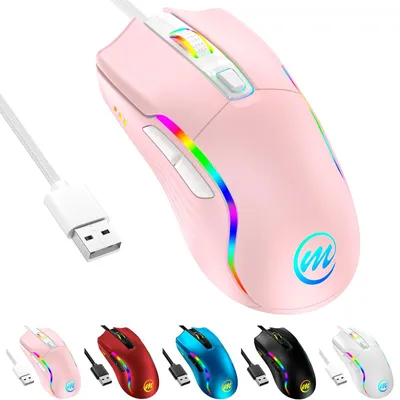 Produktbild von Gaming Maus mit Kabel bis zu 12800 DPI 6 Tasten 12 RGB-Modi 7 m geflochtenes Kabel Rosa