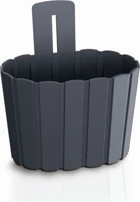 A dark gray hanging planter is shown against a white background.