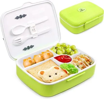 Immagine prodotto di Contenitore per il pranzo a 5 scomparti con coperchio, in plastica senza BPA, 1300 ml, per adulti e bambini, con posate, ideale per la scuola, l'asilo e il lavoro.