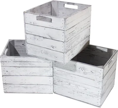 Produktbild von 3er Set Holzkiste Vintage für Kallax Regale weiß/weiss 33cm x 37,5cm x 32,5cm Einlagekiste grau Kallax Obstkisten Weinkiste Expedit Einsatz