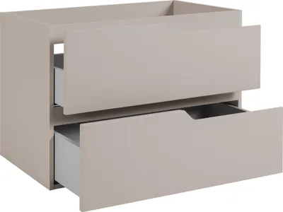 Produktbild von Badezimmerschrank stehend 80, gerillte Front 16 mm, Kaschmir + Platte Nussbaum-Eiche, gefräste Griffe, quadratische Füße 15 cm, 80 x