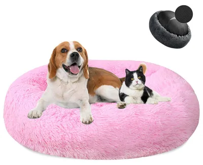 Image de Lit pour chien en forme de donut, en peluche, lavable, doux, pour chiens et chats, diamètre 70 cm, rose vif