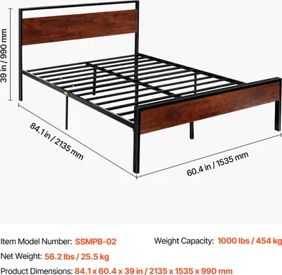 Zdjęcie produktu dla Solidne Łóżko Platformowe Vevor Queen Size Metalowa Rama Z Zagłówkiem Mocne