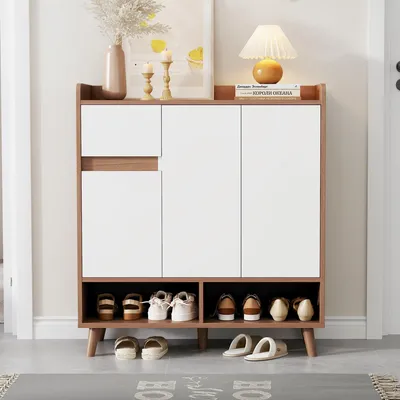 Produktbild von okwish  Schuhschrank mit 3 Türen und 1 Schublade, Sideboard mit verstellbaren Einlegeböden, Kommode mit Massivholzbeinen , Weiß+Natur