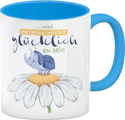 Produktbild von Käfer Kaffeebecher in hellblau mit Spruch und vergiss nicht glücklich zu sein