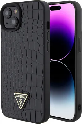 Produktbild von Guess Apple iPhone 15 Hülle Case Croco Triangle Metal Logo Schwarz