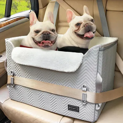 Produktbild von Hund Autositz für kleine/mittlere Hunde, Sitzerhöhung Hundekorb mit 2 Sicherheitsgurten, Grau & Weiß, M