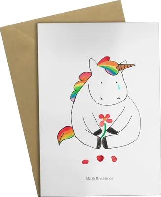 Produktbild von Mr. & Mrs. Panda Klappkarte Einhorn Traurig - Weiß - Geschenk, Freunde, Einhörner, hochzeitskarten, babykarte, Glückwunschkarte, osterkarten, weihnachtskarten, Unicorn