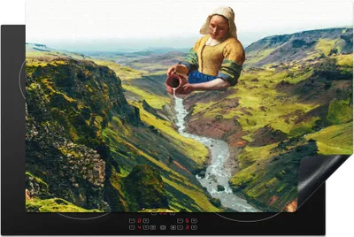 Produktbild von KitchenYeah© Herdabdeckplatte Milchmädchen - Wasser - Vermeer , 81x52cm, Küche Deko, Glaskeramikkochfeld Herdabdeckung, Abdeckplatte fùr Kochfeld