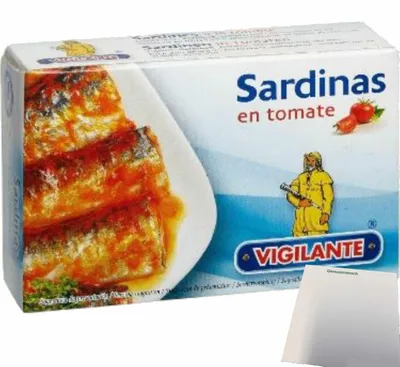 Produktbild von Vigilante Sardinen in Tomatensauce, Sardinas en tomate (120g Dose) + usy Block