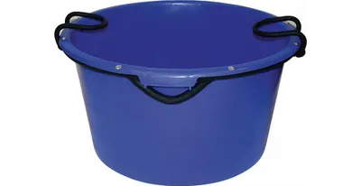 A blue bucket with black handles against a white background.