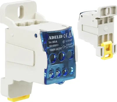 Two electrical connection blocks are shown against a white background. The block in the foreground is angled, showing its blue transparent cover with text and connection terminals. The second block is to the right, viewed from the side.