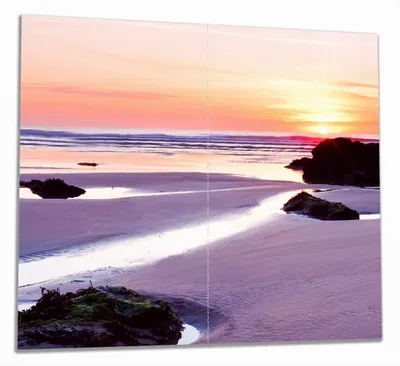 Produktbild von Wallario Herdabdeckplatte aus Glas, Größe 60 x 52 cm 2-teilig, Motiv Sonnenuntergang am einsamen Strand