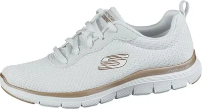 Produktbild von Skechers Flex Appeal, Damen Mesh Sneakers, Sportschuhe in weiß und rosegold, herausnehmbares Skechers Air Cooled Memory Foam Fußbett, in der Maschine waschbar