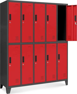 Umkleideschrank 5B2A Spind Spint Schließfachschrank Metallschrank mit 10 Fächern Etikettenhalter Metall 172 cm x 136 cm x 45 cm Farbe: Anthrazit-Rot