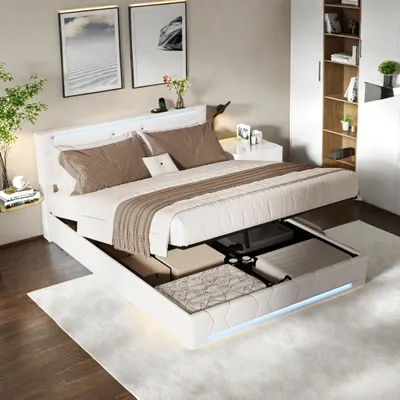 Obrázok produktu pre Čalúnená posteľ Fortuna Lai 160x200 cm, béžová, ľan, s hydraulickým úložným priestorom, lamelovým roštom, osvetlením LED a nabíjacími portmi USB