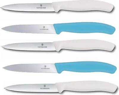 Produktbild von Victorinox | Gemüsemesser Set Swiss Classic | karibikblau und weiß | 10 cm Klingenlänge | Perfekt für Tomaten und Gemüse | 5-teiliges Set | Präzisionsklinge aus rostfreiem Edelstahl | ergonomischer Griff | ideal für die Küche und Camping