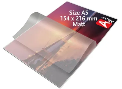 Imagen del producto de Películas laminadoras mate Albyco, formato A5 (154x216 mm), 2 unidades de 80 micrones, 100 unidades, transparentes