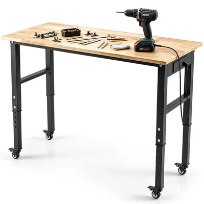 Produktbild von COSTWAY Werkbank mobil mit 116cm Gummiholzplatte, Steckdosen & Rollen, Arbeitstisch höhenverstellbar, Multifunktionswerktisch bis zu 150kg