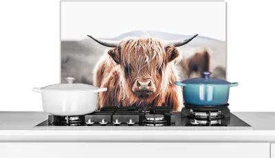 Produktbild von KitchenYeah®  Spritzschutz Küche - Küchenrückwand - Wandschutz für Herd und Spüle - Schottisches Hochlandrind - Berg - Hoorn 70x50 - Alu-Dibond (Alternative zum Spritzschutz aus Glas) - Hitzebeständig