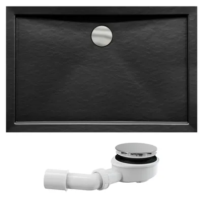 Produktbild von Duschwanne Rechteck 100x80x3,5 Sanitäracryl Duschtasse Steinoptik Schwarz | Ablaufgarnitur ⌀90 mm im SET | Anti-Rutsch Duschbecken | BADLAND ALPINA