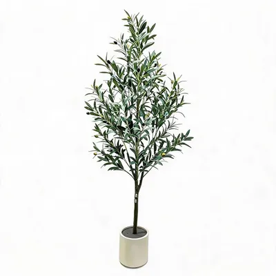 Image de Arbre d'olivier artificiel - Plante décorative de 180 cm - Tige en bois naturel - Feuilles et fruits réalistes - Plante d'intérieur - Vert