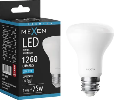 Obrázok produktu pre LED žiarovka Mexen Nova E27, R63, 12 W, studená – 6500 K, 1260 lm – L104-E27-1265-01