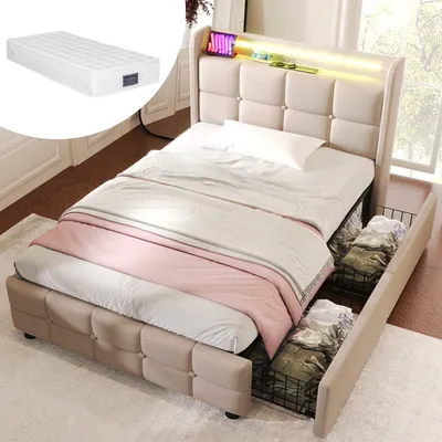 Obrázek produktu pro MODFU Čalouněné postele 90 x 200 cm, Funkční postel jednolůžko s nabíjecí USB funkcí, LED osvětlení a 2 zásuvky (S matrací), Béžová