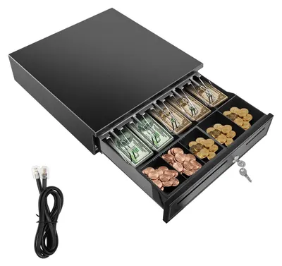 Zdjęcie produktu dla Szuflada kasowa – szuflada na pieniądze do terminali POS – złącze RJ11 do drukarki paragonów – 12 V DC – wymiary 40,5 × 42 × 10 cm – podział na 5 przegródek na banknoty i 5 na monety, wyjmowane wkłady – otwieranie automatyczne/ręczne