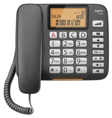 A close-up studio shot of a Gigaset DL580 black corded phone.
