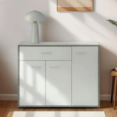 Immagine prodotto di DEUSTO scarpiera 3 ante 1 cassetto 7 ripiani per corridoio e ingresso - scarpiera chiusa - credenza porta scarpe effetto cemento/bianco