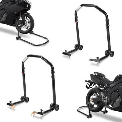 Immagine prodotto di Set cavalletto di montaggio per moto anteriore+posteriore regolabile in larghezza cavalletto di trasporto nero adatto a quasi tutte le moto