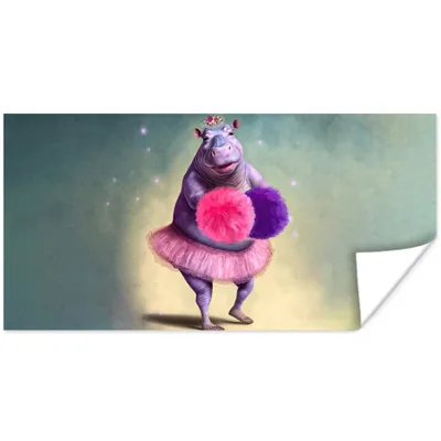 Produktbild von MuchoWow® Poster Nilpferd - Blumen - Ballerina - Pompons - Porträt 160x80 cm - Foto Poster