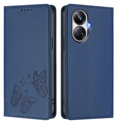 Obrázek produktu pro Kožené pouzdro pro Realme 10 Pro+, motýlí ražbou, peněženkové flip pouzdro se stojánkem Tmavě modrá
