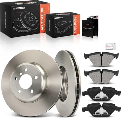Imagen del producto de Frankberg: 2 discos de freno y 4 pastillas de freno para el eje delantero, compatibles con BMW Serie 5 (F10, F10, F18) y Serie 5 Touring (F11), modelos de 2.0L y 3.0L, fabricados entre 2009 y 2017