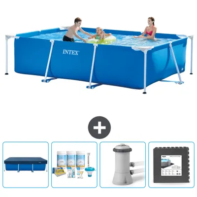 Produktbild von Intex-Schwimmbecken mit rechteckigem Rahmen – 300 x 200 x 75 cm – Blau – im Lieferumfang enthalten Abdeckung - Wartungspaket - Filterpumpe für Schwimmbad - Bodenfliesen