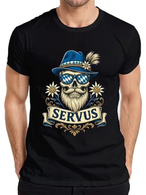 Produktbild von Servus Totenkopf Bart Trachtenhut Edelweiss Bayern Lederhose Herren T-Shirt, Schwarz, L