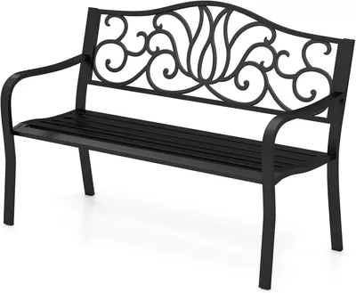 A black metal garden bench with a decorative backrest is shown against a white background.