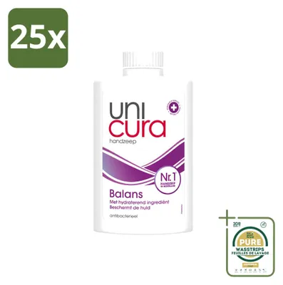 Imagen del producto de 25 unidades de recambio de jabón líquido Unicura Balans, 250 ml, pack de ahorro
