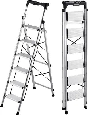 Immagine prodotto di Scaletta SucceBuy a 6 gradini, scala pieghevole in alluminio con gradini antiscivolo e maniglia ergonomica, portata massima 150 kg, versatile, utilizzabile in cucina, magazzino, casa e ufficio, colore argento
