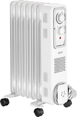 A white oil-filled radiator with wheels, shown on a white background.