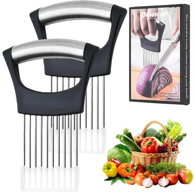 Produktbild von 2 Stück Zwiebelhalter mit Schutzhülle aus Edelstahl zum Schneiden von Gemüse und Fleisch