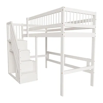 Produktbild von Flieks Etagenbett 90x200cm mit Rausfallschutz, Kinderbett Hochbett mit Treppe und Stauraum, Einzelbett Holzbett Stockbett mit Lattenrost, Weiß