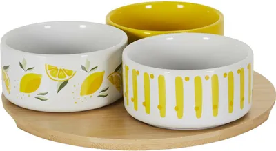 Produktbild von HowHomely | Snack-Schälchen - Servierschälchen - 3er Set - mit Tablett 22 cm - Porzellan und Bambus - Gelb