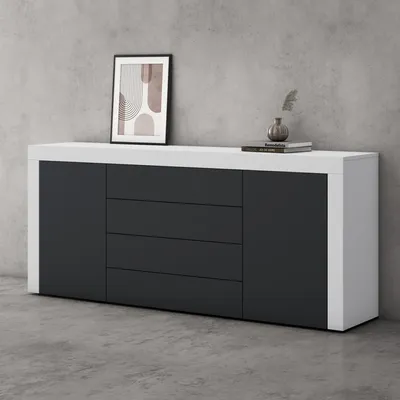 Image de doporro Buffet Commode 167 cm Meuble de Rangement Blanc Mat et Gris Noir Mat Placard Salon Salle à Manger 2 Portes et 4 Tiroirs Schrank03