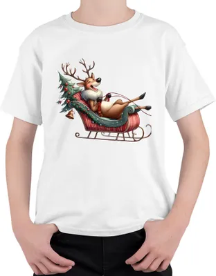 Produktbild von Faules Rentier im Schlitten Weihnachten lustig Geschenk Cartoon Uni Kinder T-Shirt, Weiß, 152