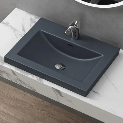 Image de doporro Lavabo Vasque Gris Noir Mat 60cm à Encastrer Colossum01 Fonte Minérale Solid Surface 60x48x13cm