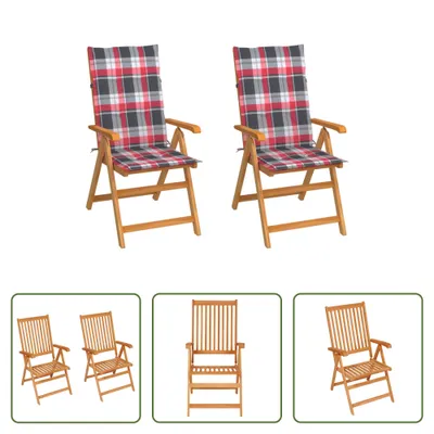 Produktbild von The Living Store Gartenstühle 2 Stk. Rote Karomuster Kissen Massivholz Teak