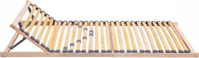 A wooden bed frame slatted base with an adjustable headrest, shown against a white background.