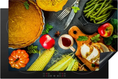 Produktbild von KitchenYeah© Herdabdeckplatte Gemüse - Gewürze - Besteck - Kuchen , 80x52cm, Küche Deko, Glaskeramikkochfeld Herdabdeckung, Abdeckplatte fùr Kochfeld